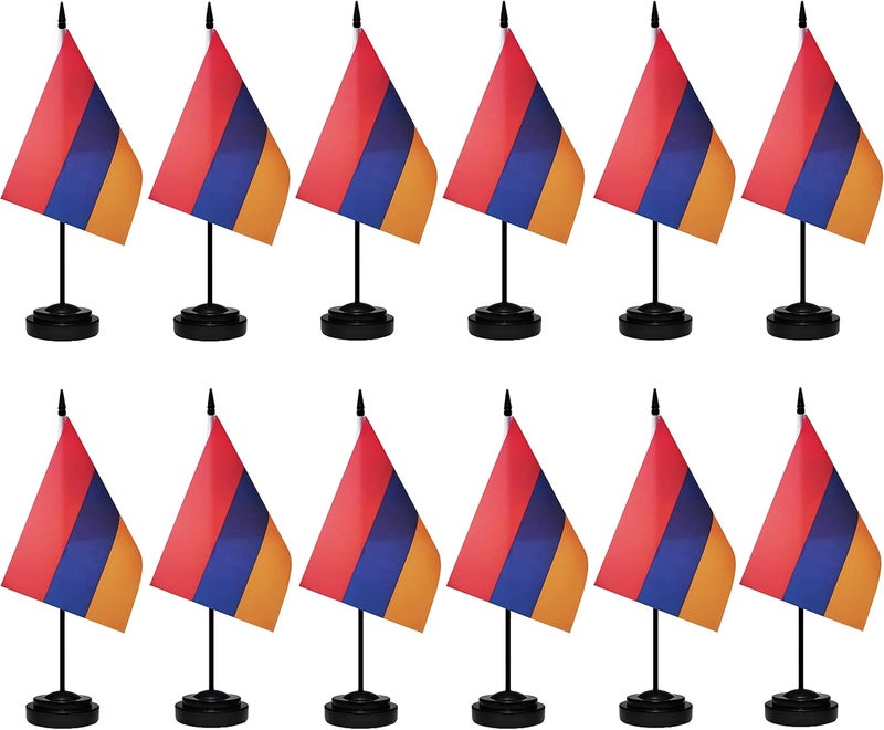 tibijoy Armenia Flags Armenian Small Mini Desk Flags Set Table Flag with 13" Black Pole, Black Base and Spear Top, Miniature Armenia Deluxe Desktop Flag, Home Decoration, Office Decoration, Festival Celebrations(12 Pack ) - Image 1